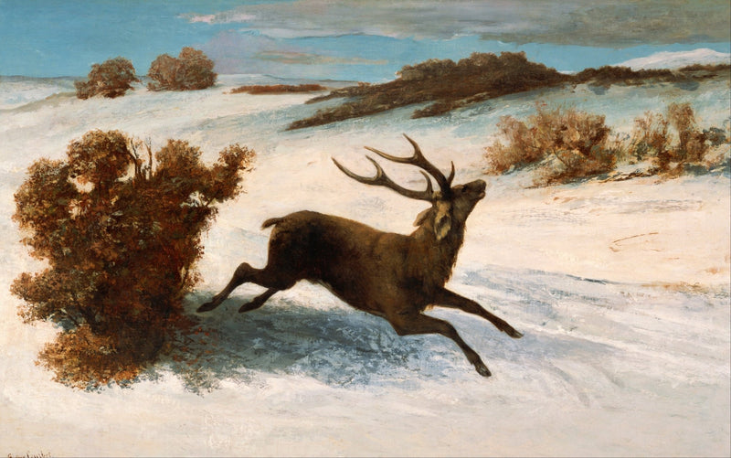 Animals Oil Painting - Hand - Painted Stag Running in Snow - Oil Painting Haven