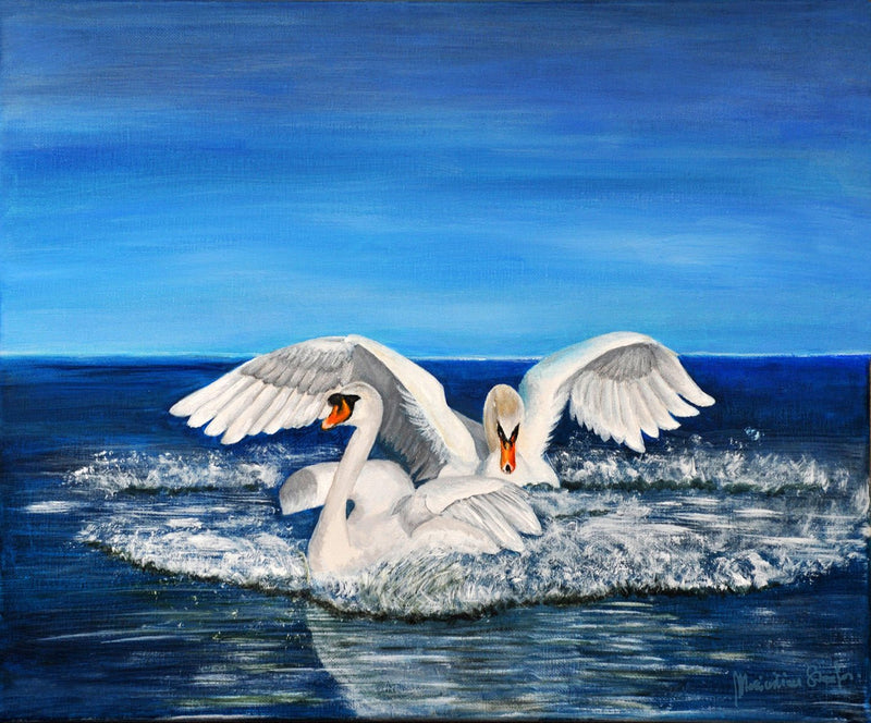 Animals Oil Painting - Hand - Painted Swan Pair on Blue Water - Oil Painting Haven