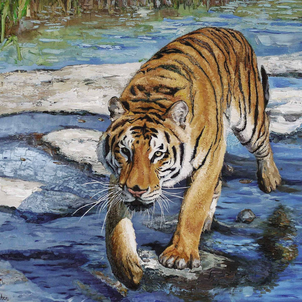 Animals Oil Painting - Hand - Painted Tiger by Water - Oil Painting Haven