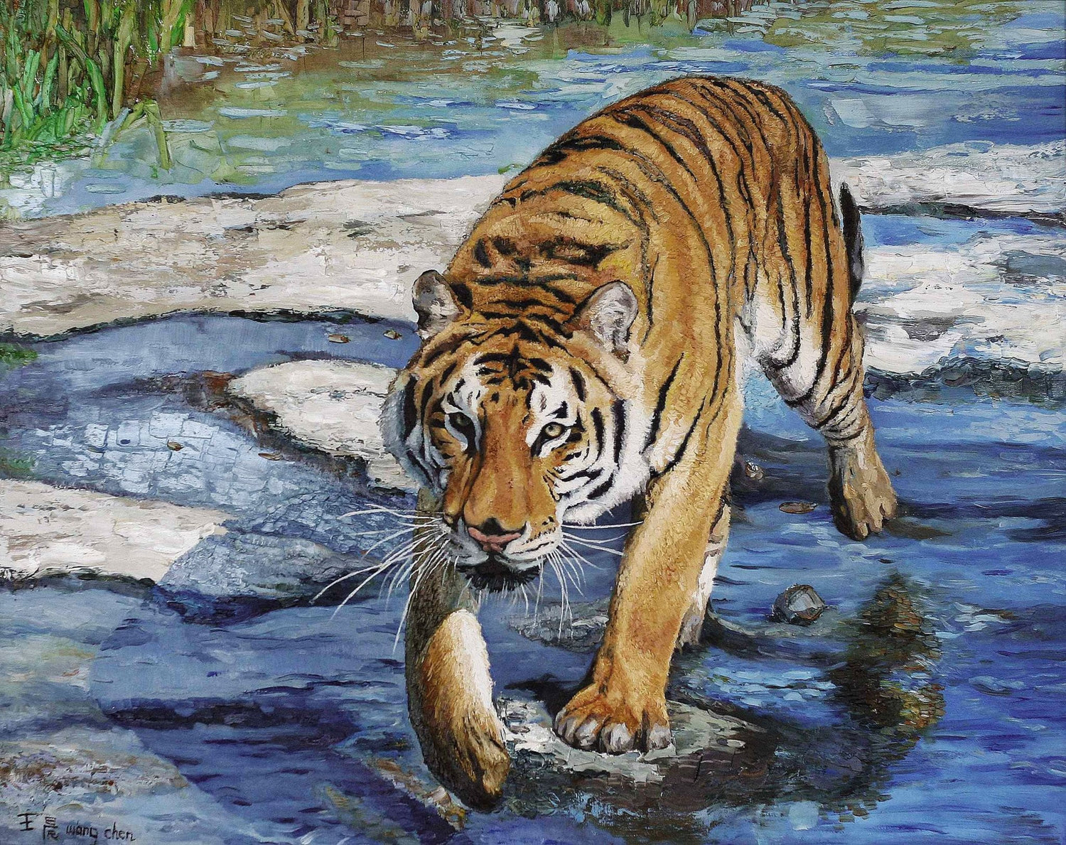 Animals Oil Painting - Hand - Painted Tiger by Water - Oil Painting Haven