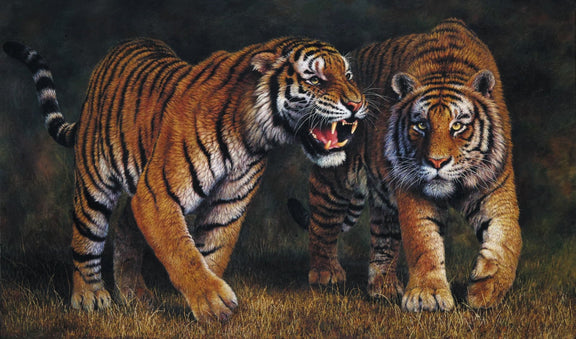 Animals Oil Painting - Hand - Painted Two Tigers in Forest - Oil Painting Haven