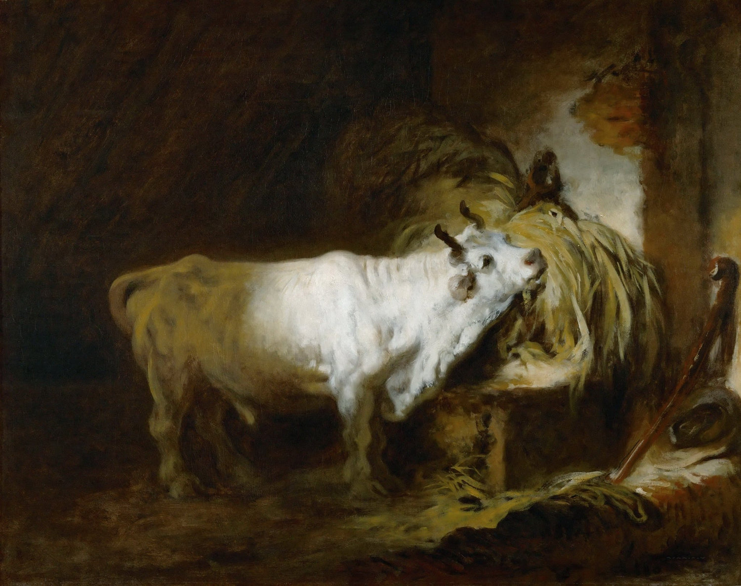 Animals Oil Painting - Hand - Painted White Bull in Stable - Oil Painting Haven