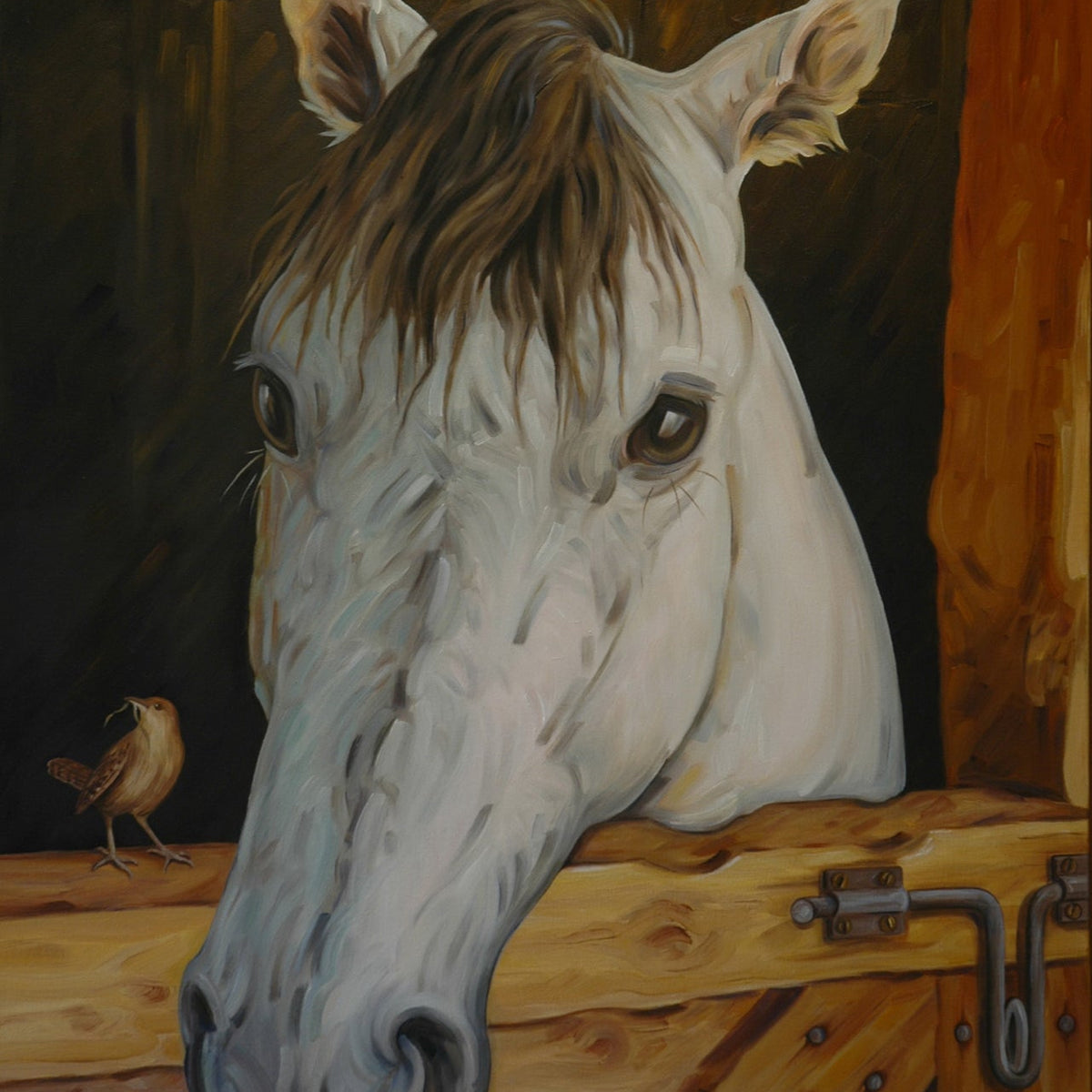 Animals Oil Painting - Hand - Painted White Horse in Stable - Oil Painting Haven