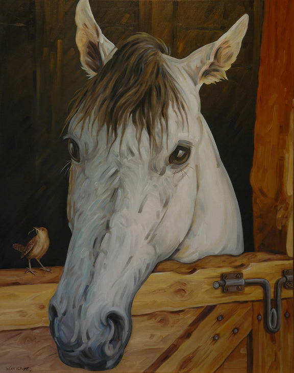 Animals Oil Painting - Hand - Painted White Horse in Stable - Oil Painting Haven