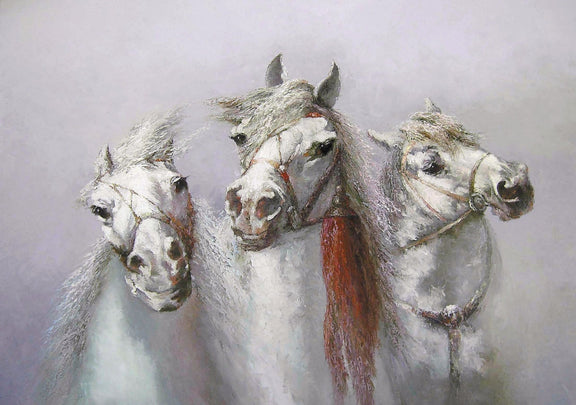 Animals Oil Painting - Hand - Painted White Horses Portrait - Oil Painting Haven