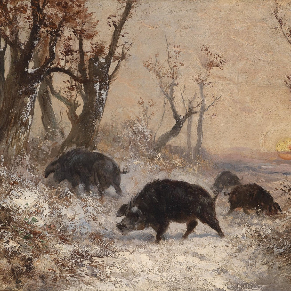 animals Oil Painting - Hand - Painted Wild Boars at Sunset - Oil Painting Haven