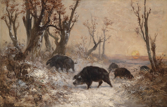 animals Oil Painting - Hand - Painted Wild Boars at Sunset - Oil Painting Haven