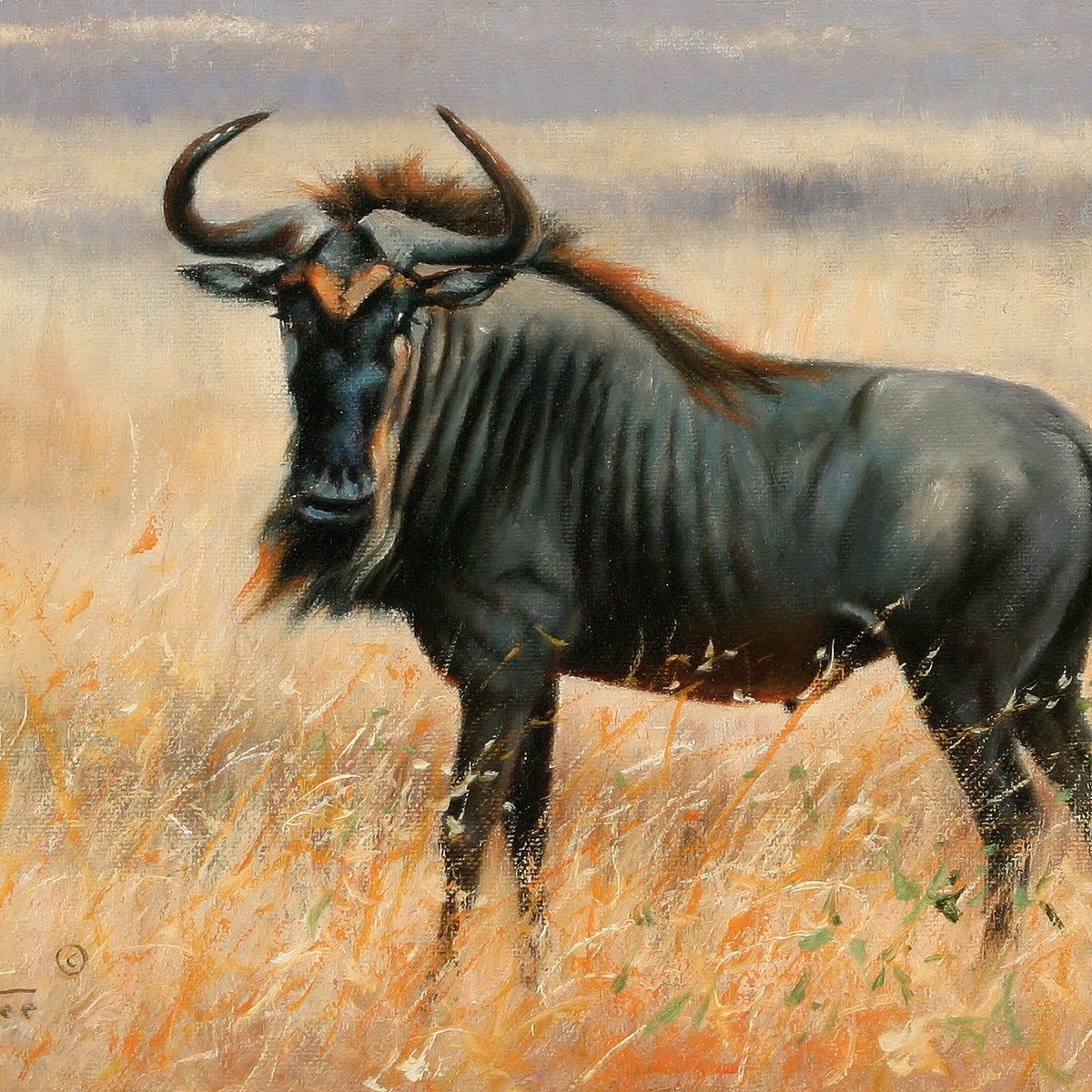 Animals Oil Painting - Hand - Painted Wildebeest in Grassland - Oil Painting Haven