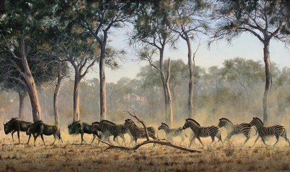 Animals Oil Painting - Hand - Painted Zebras and Wildebeest - Oil Painting Haven