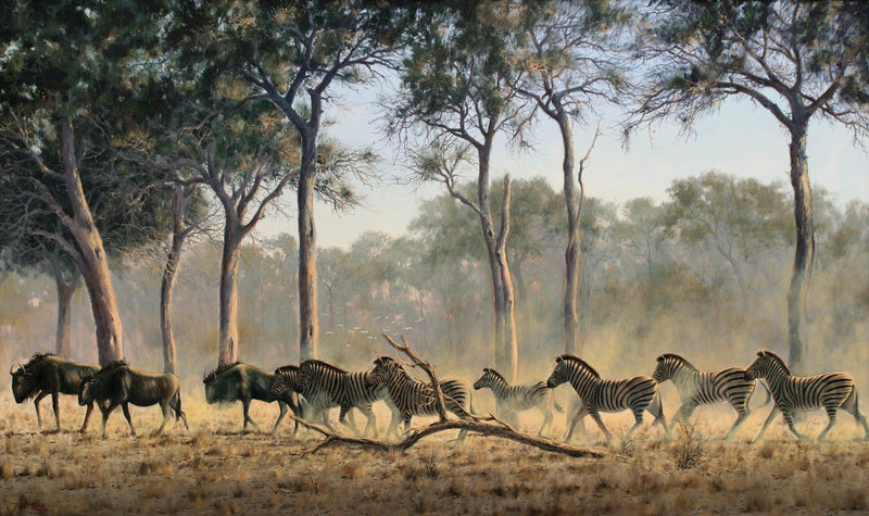 Animals Oil Painting - Hand - Painted Zebras and Wildebeest - Oil Painting Haven