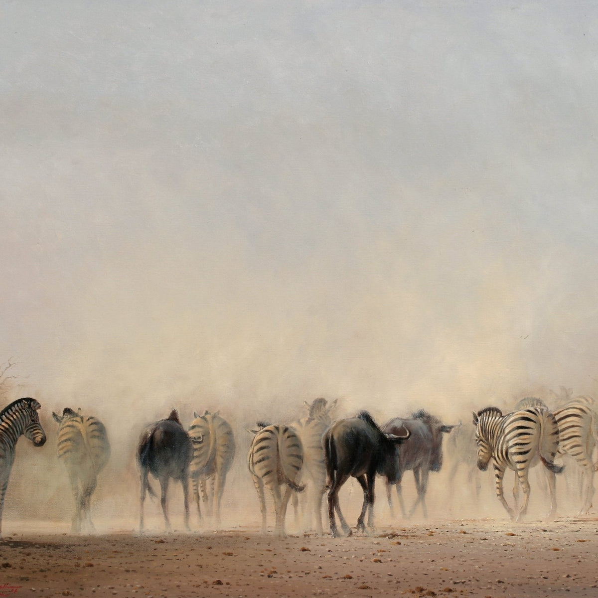 Animals Oil Painting - Hand - Painted Zebras in Desert Dust - Oil Painting Haven
