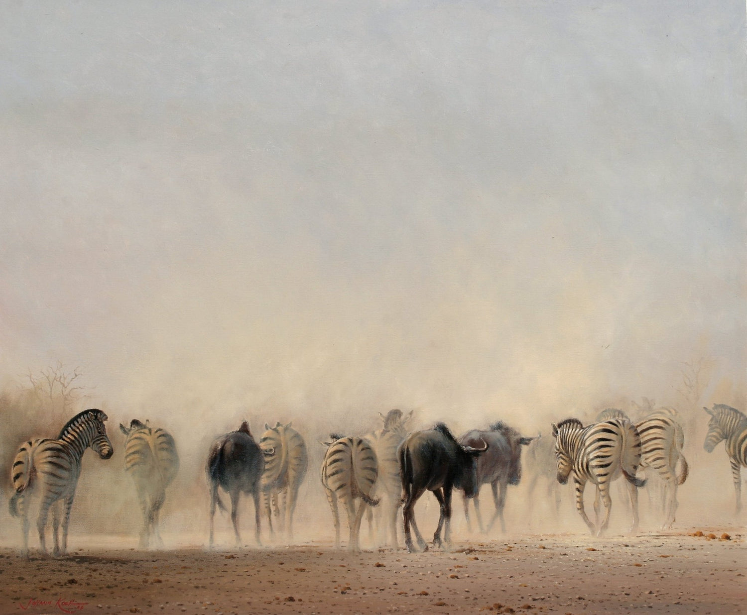 Animals Oil Painting - Hand - Painted Zebras in Desert Dust - Oil Painting Haven