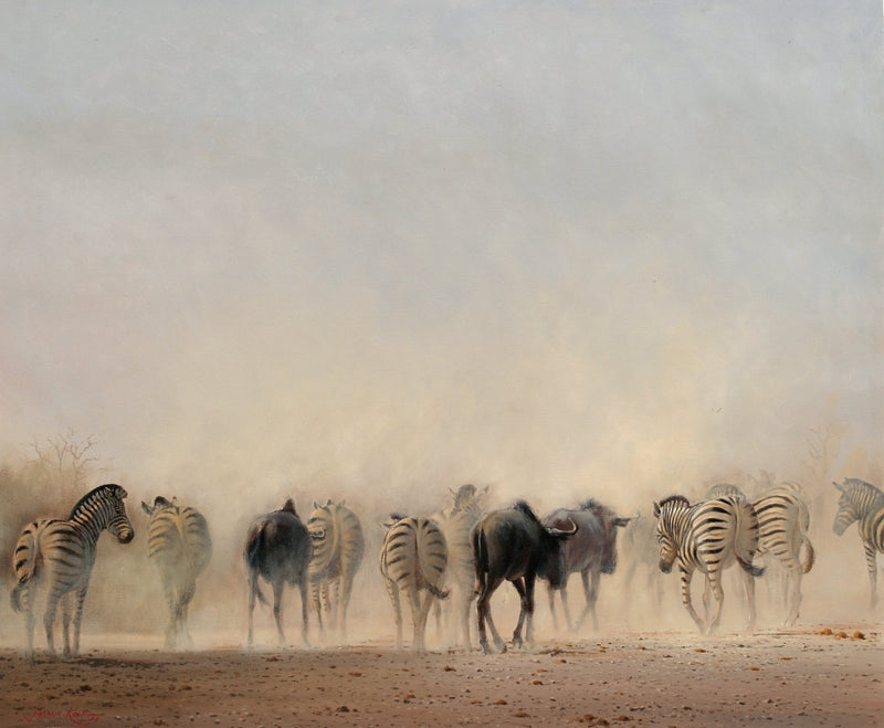 Animals Oil Painting - Hand - Painted Zebras in Desert Dust - Oil Painting Haven