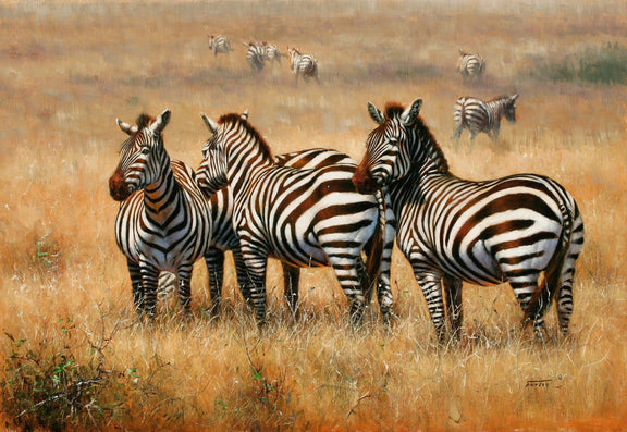 Animals Oil Painting - Hand - Painted Zebras in Golden Savannah - Oil Painting Haven