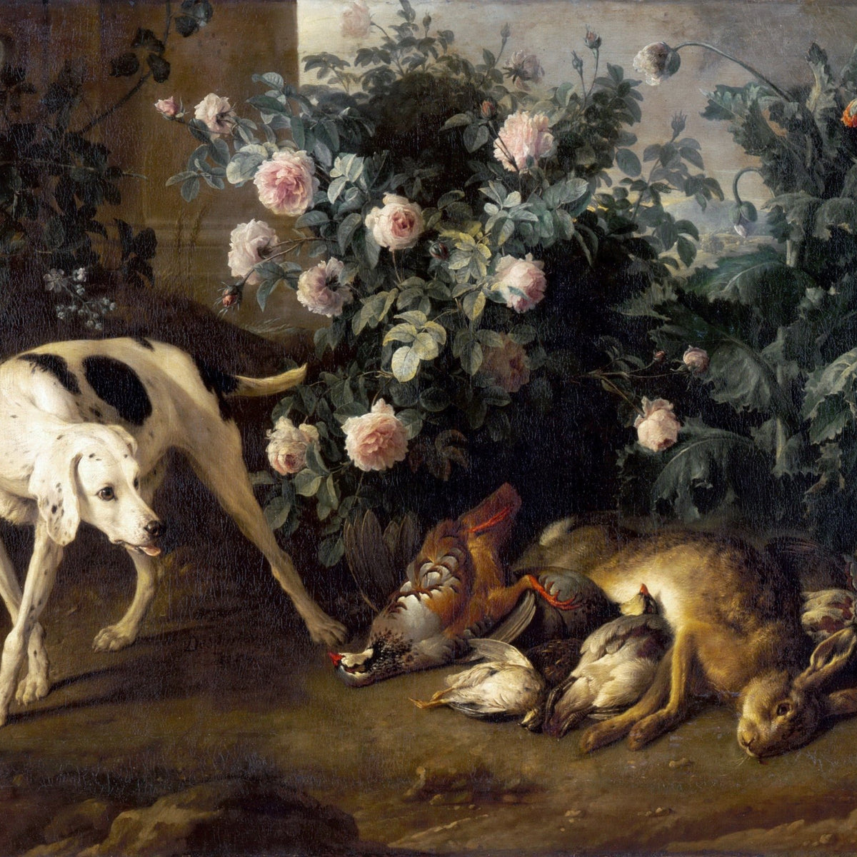 Animals Oil Painting - Hunting Dog with Game and Rose Bush - Oil Painting Haven