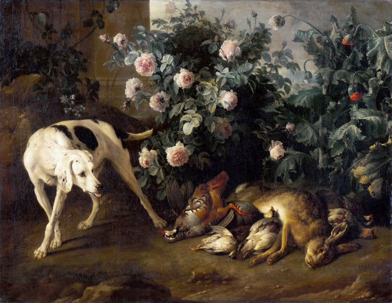 Animals Oil Painting - Hunting Dog with Game and Rose Bush - Oil Painting Haven