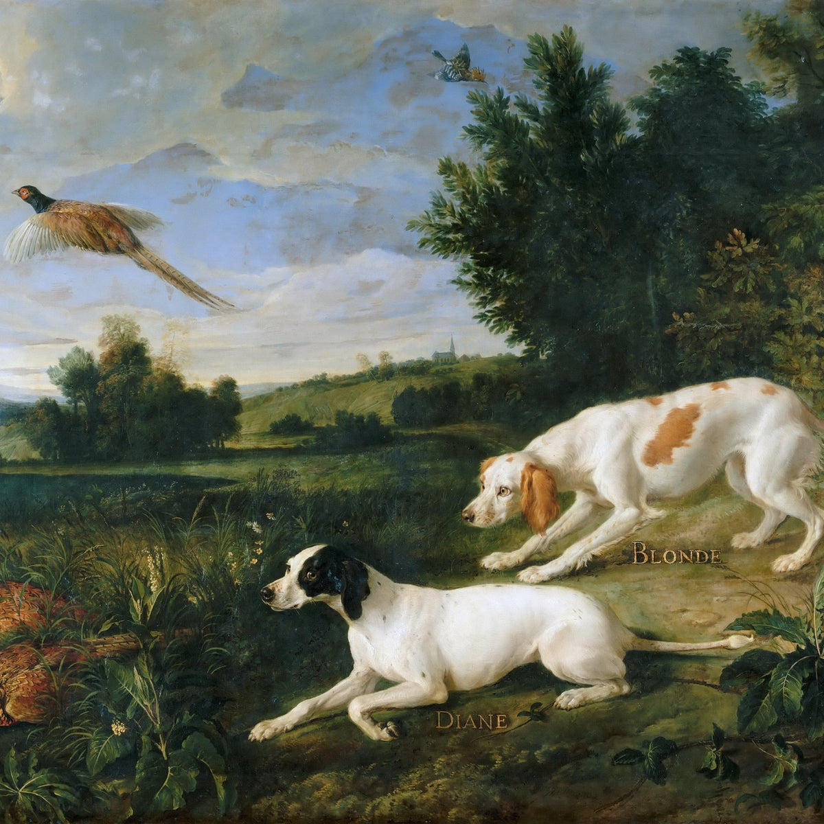Animals Oil Painting - Hunting Dogs and Pheasants by the Lake - Oil Painting Haven