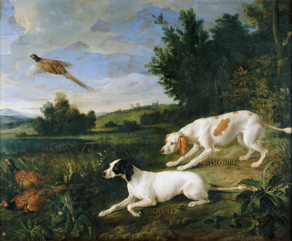 Animals Oil Painting - Hunting Dogs and Pheasants by the Lake - Oil Painting Haven