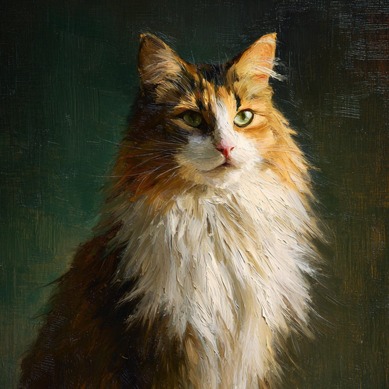 Animals Oil Painting - Long - Haired Calico Cat Portrait - Oil Painting Haven
