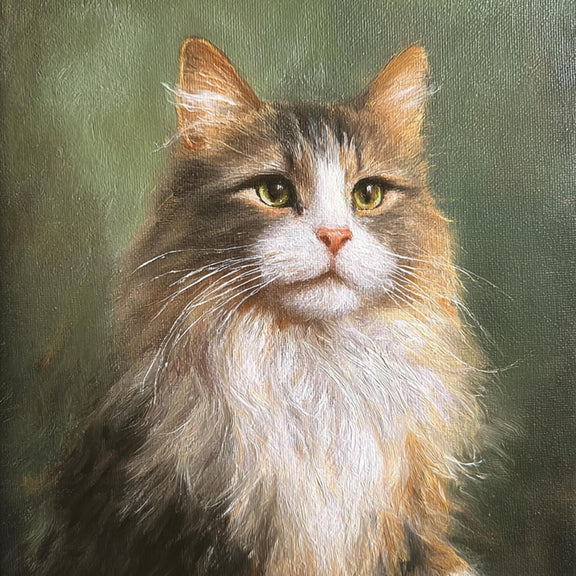 Animals Oil Painting - Long - Haired Tabby Cat Portrait - Oil Painting Haven