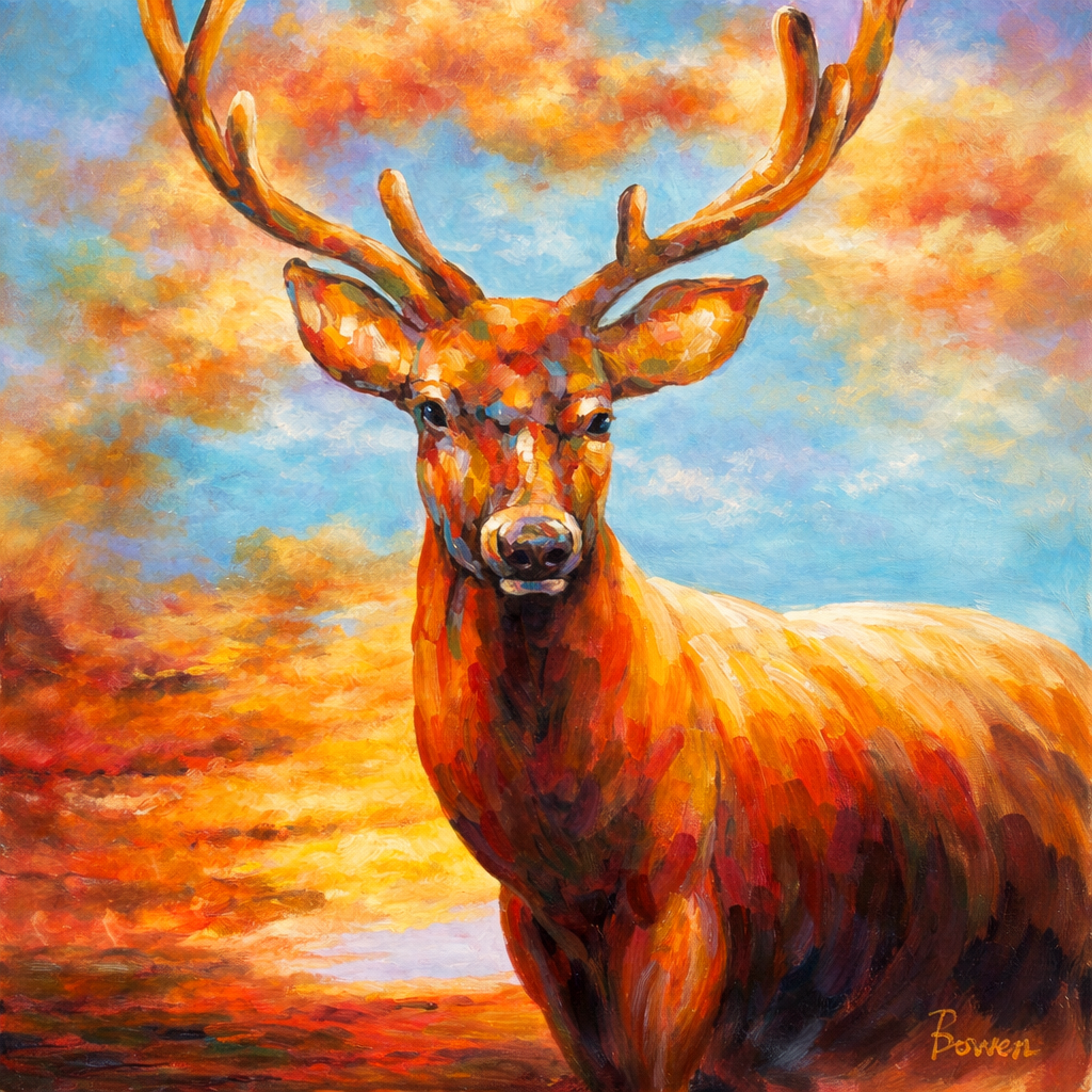 Animals Oil Painting - Majestic Stag at Sunset - Oil Painting Haven