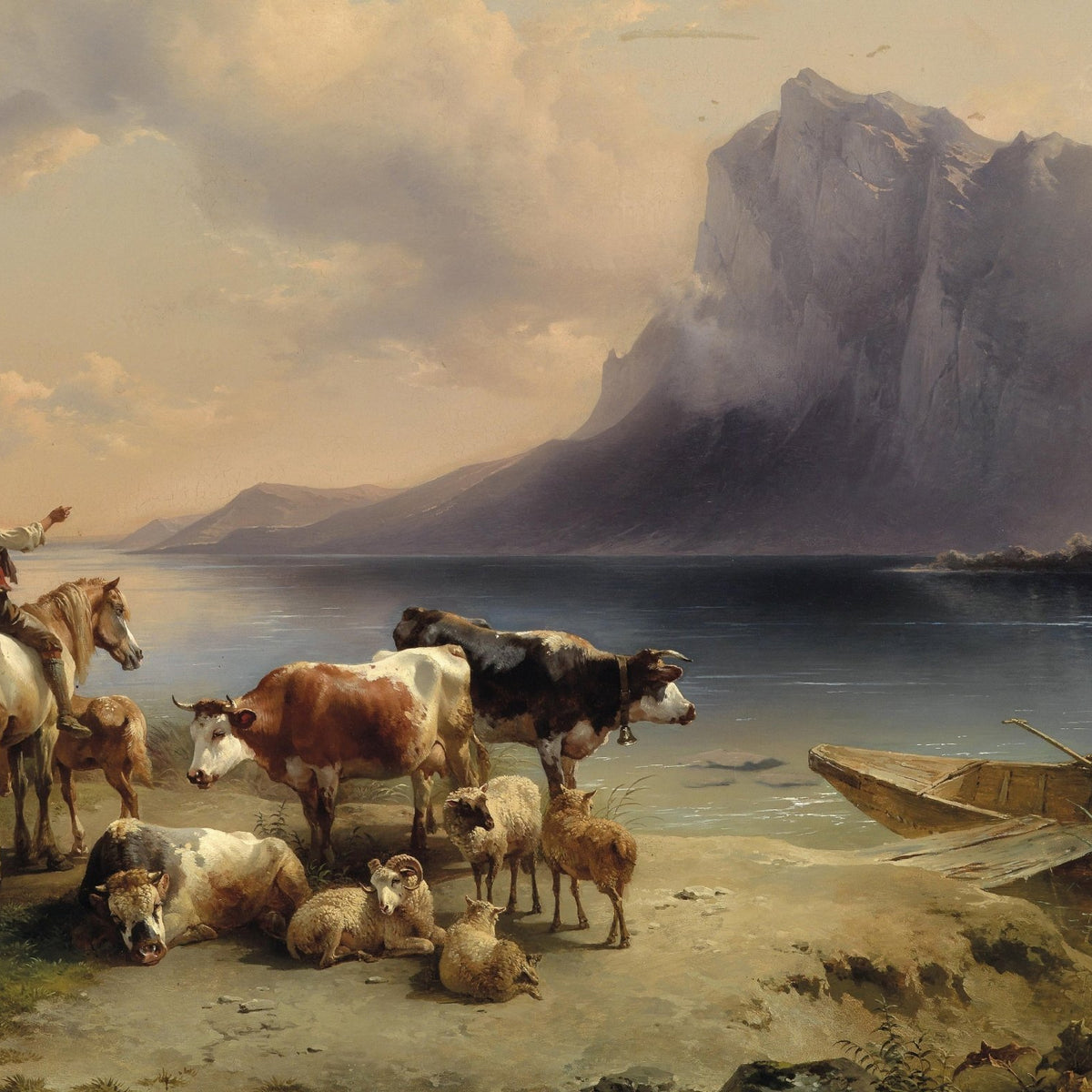 Animals Oil Painting - Mountain Lakeside Herd with Cows and Sheep - Oil Painting Haven