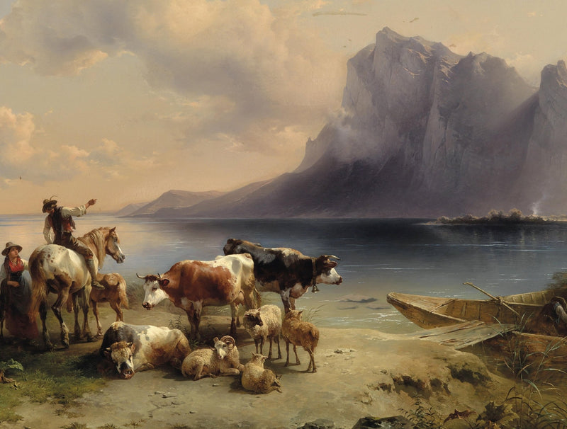 Animals Oil Painting - Mountain Lakeside Herd with Cows and Sheep - Oil Painting Haven
