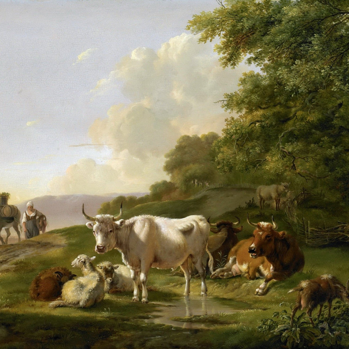Animals Oil Painting - Pastoral Cows and Sheep by Woodland Pond - Oil Painting Haven