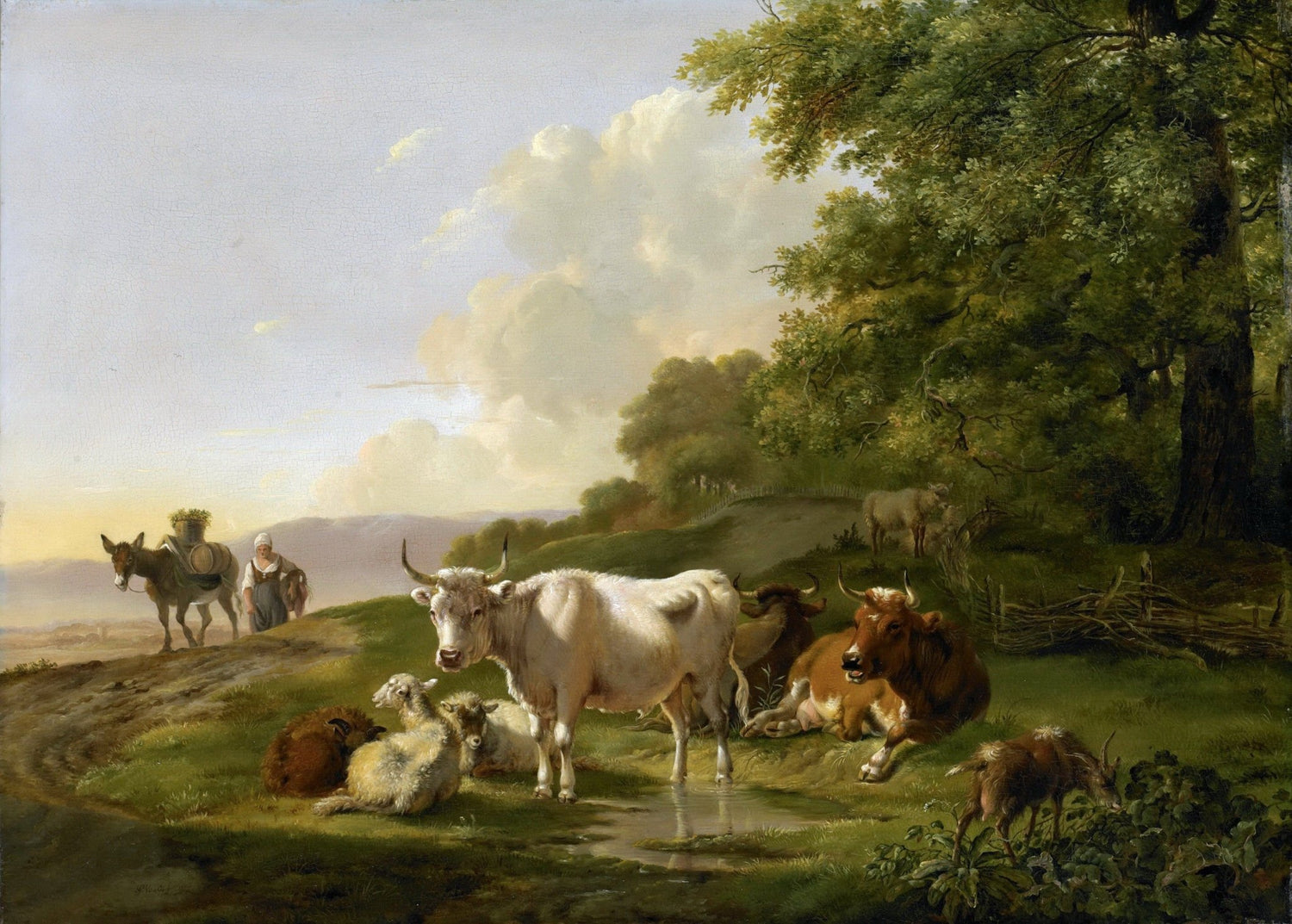 Animals Oil Painting - Pastoral Cows and Sheep by Woodland Pond - Oil Painting Haven