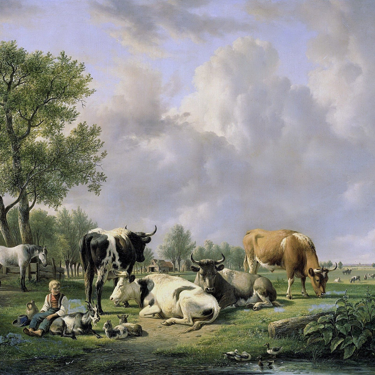 Animals Oil Painting - Pasture Cows, Goats and Horses - Oil Painting Haven