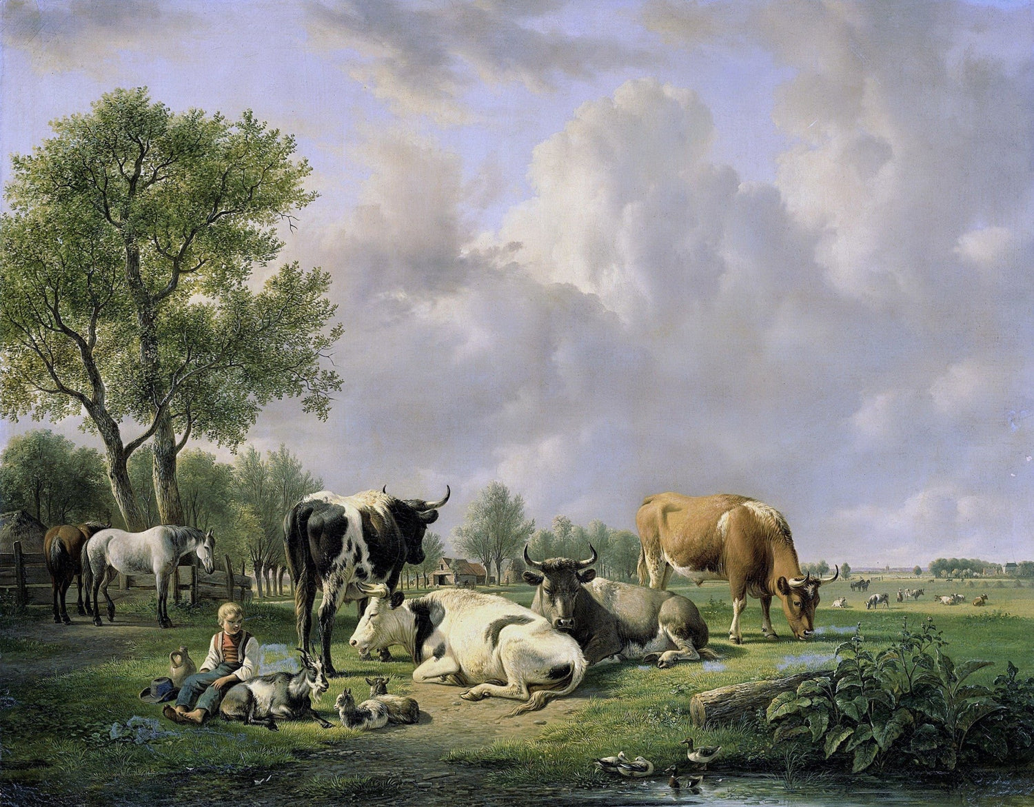 Animals Oil Painting - Pasture Cows, Goats and Horses - Oil Painting Haven