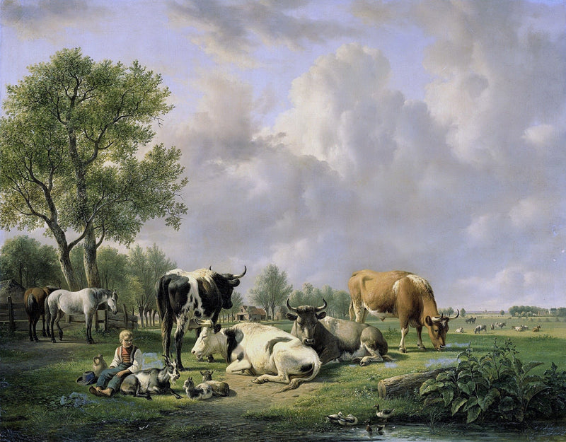Animals Oil Painting - Pasture Cows, Goats and Horses - Oil Painting Haven