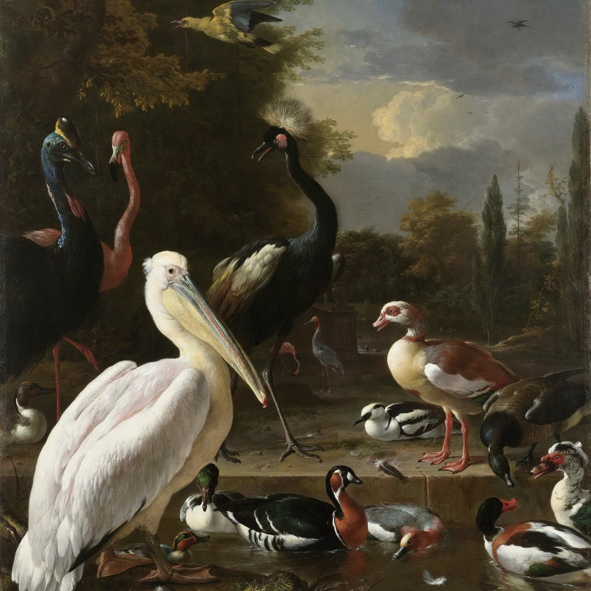 Animals Oil Painting - Pelican and Waterfowl by a Garden Basin - Oil Painting Haven