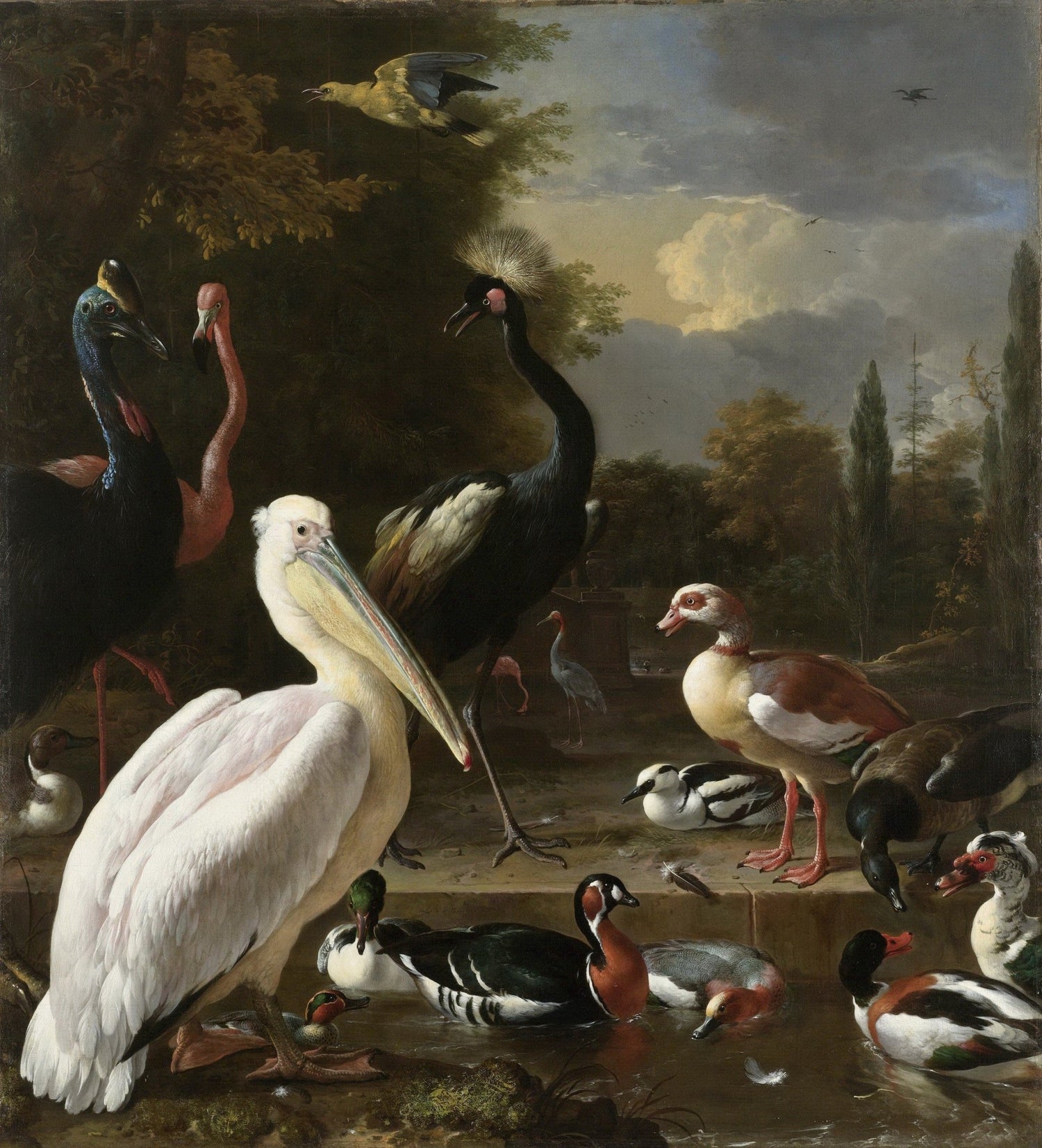 Animals Oil Painting - Pelican and Waterfowl by a Garden Basin - Oil Painting Haven