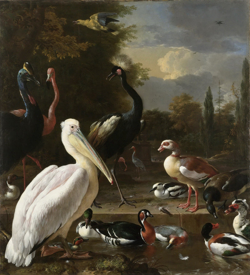 Animals Oil Painting - Pelican and Waterfowl by a Garden Basin - Oil Painting Haven