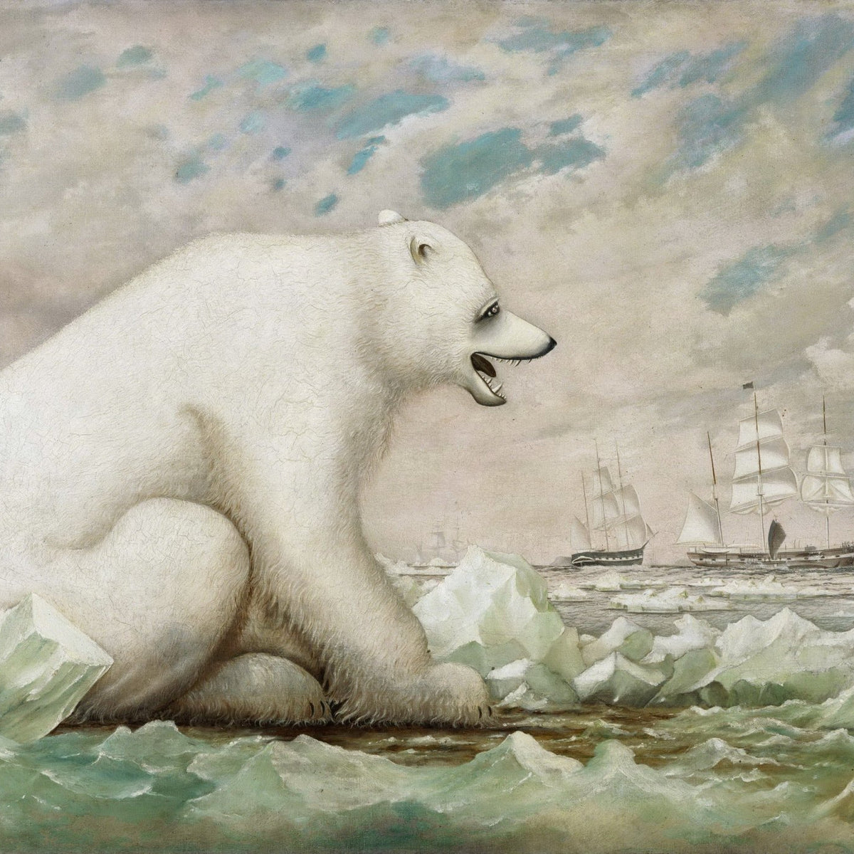 Animals Oil Painting - Polar Bear on Arctic Ice with Ships - Oil Painting Haven
