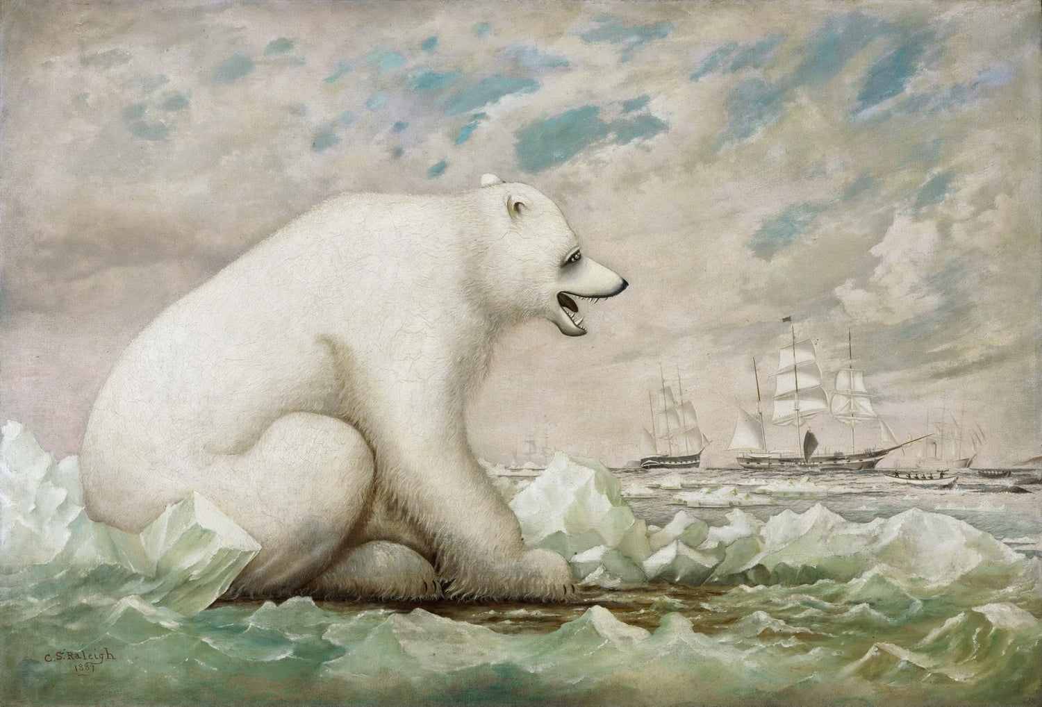 Animals Oil Painting - Polar Bear on Arctic Ice with Ships - Oil Painting Haven