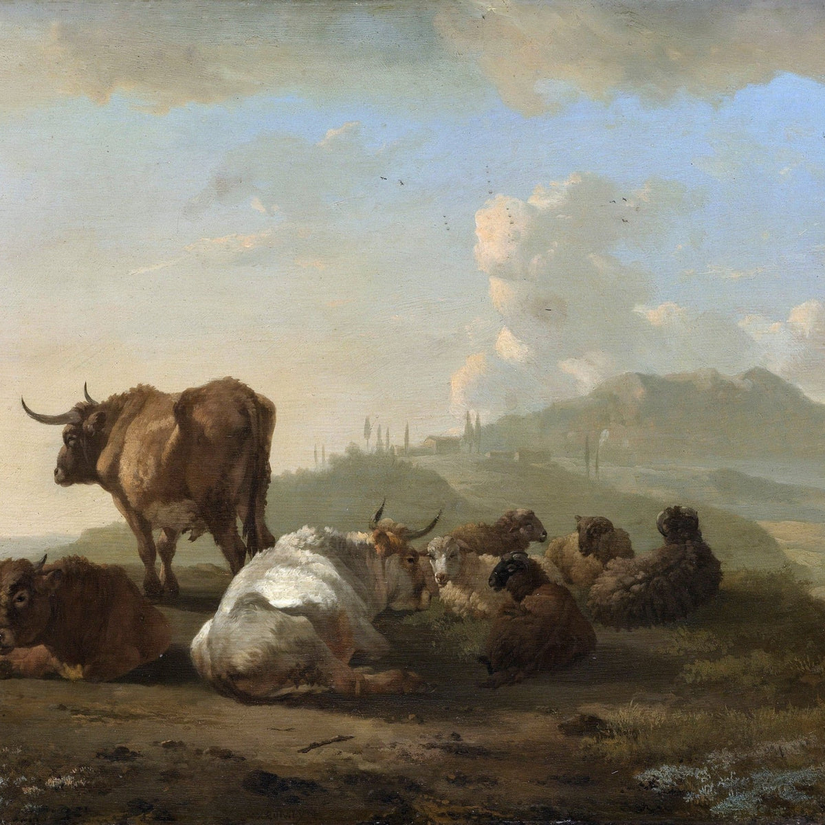Animals Oil Painting - Resting Cattle and Sheep in Meadow - Oil Painting Haven