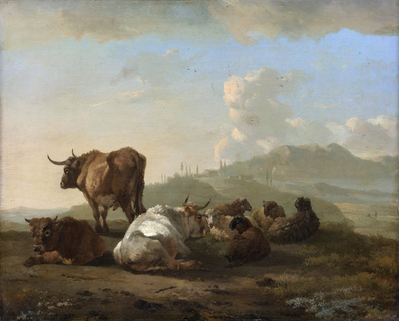 Animals Oil Painting - Resting Cattle and Sheep in Meadow - Oil Painting Haven
