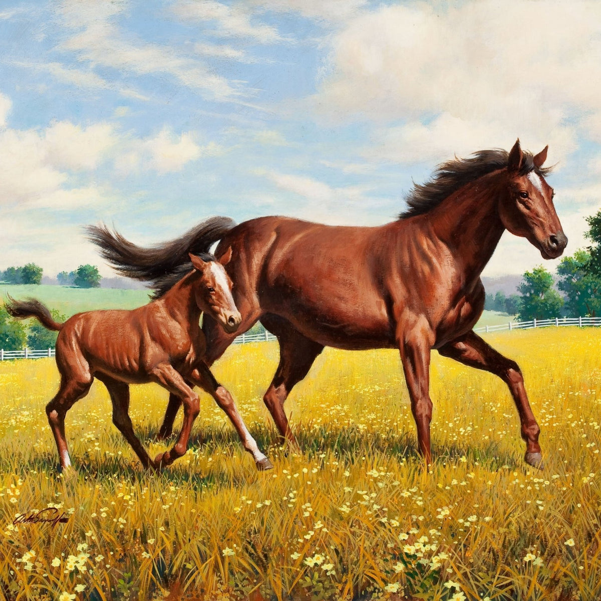 Animals Oil Painting - Running Mare and Foal in a Golden Pasture - Oil Painting Haven