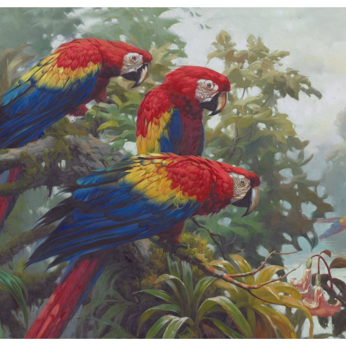 Animals Oil Painting - Scarlet Macaws in Tropical Rainforest - Oil Painting Haven