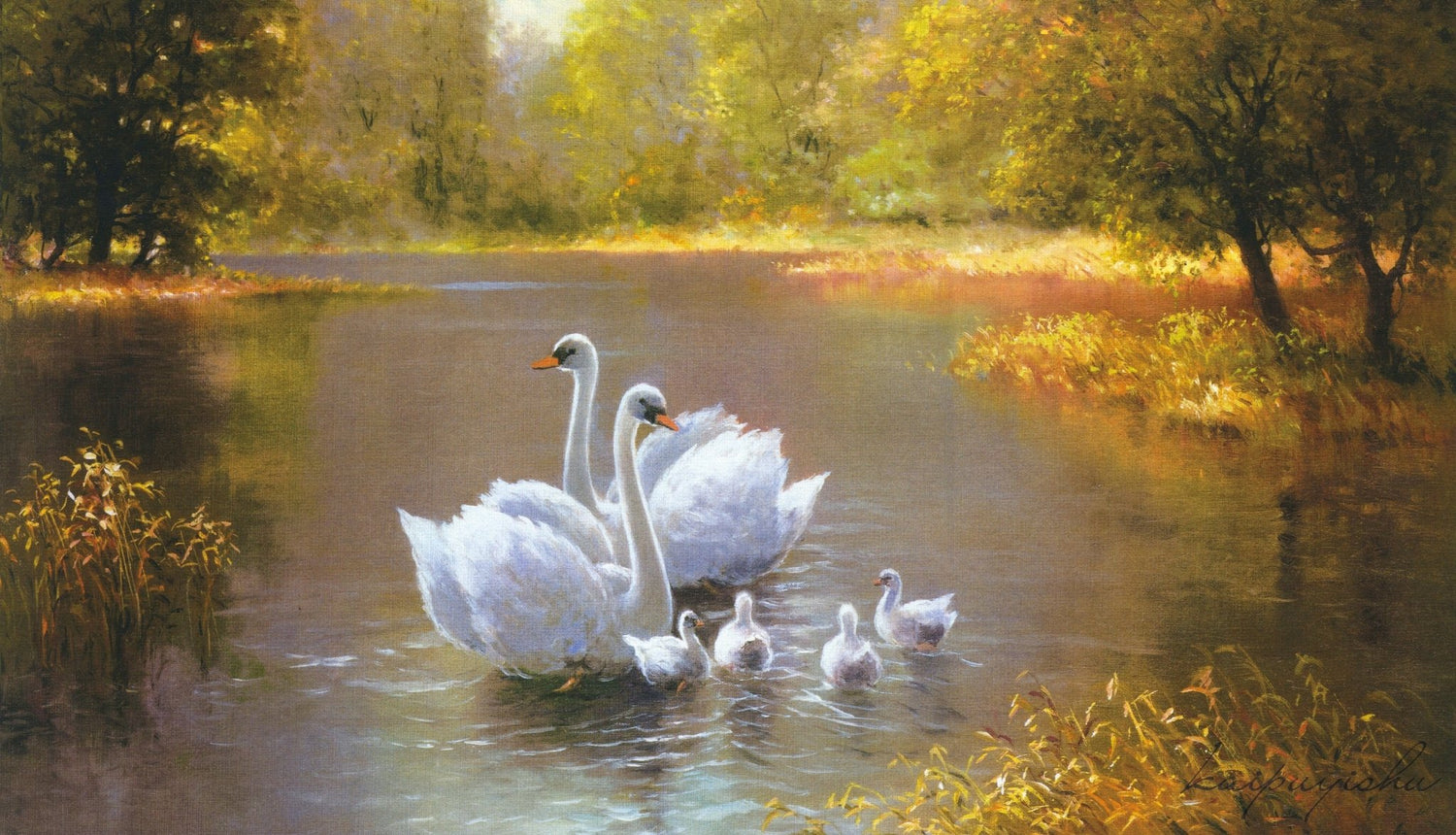 Animals Oil Painting - Swan Family on a Golden Autumn Lake - Oil Painting Haven