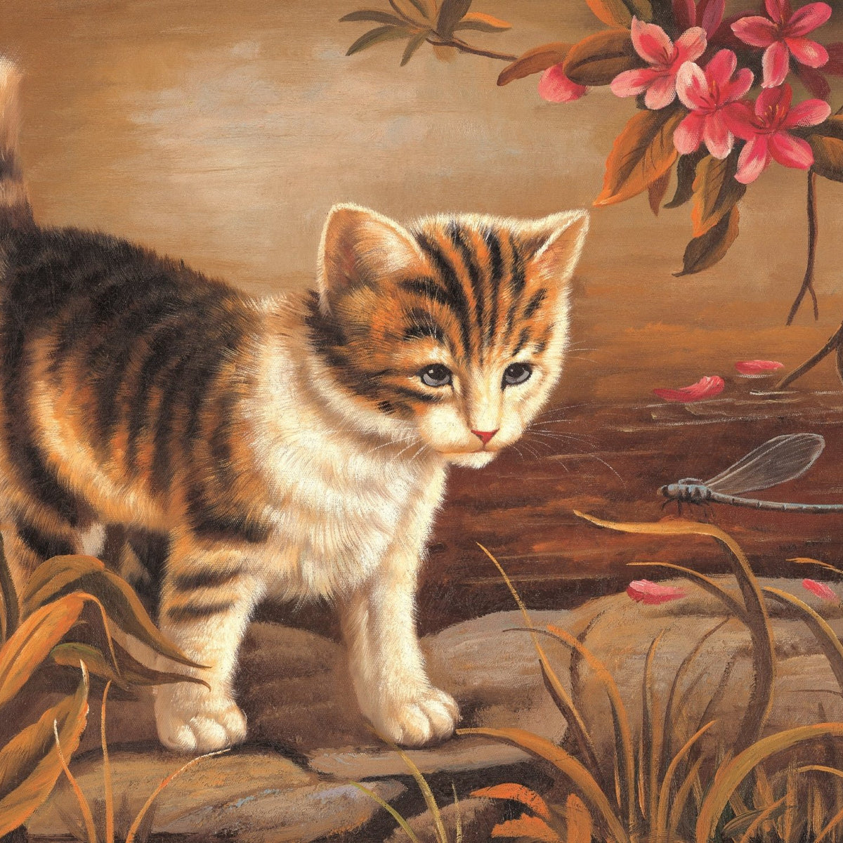 Animals Oil Painting - Tabby Kitten with Blossom and Dragonfly - Oil Painting Haven