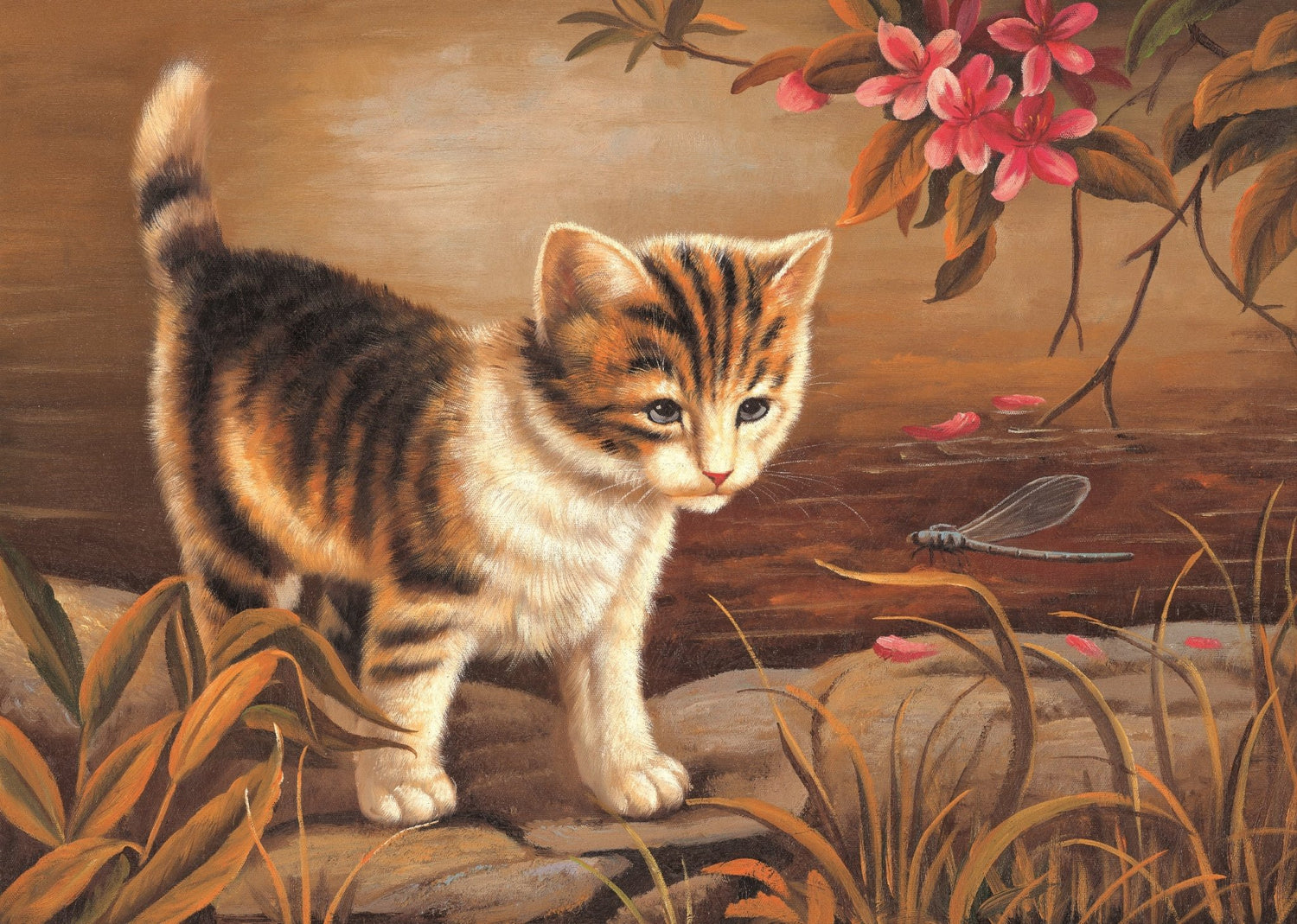 Animals Oil Painting - Tabby Kitten with Blossom and Dragonfly - Oil Painting Haven