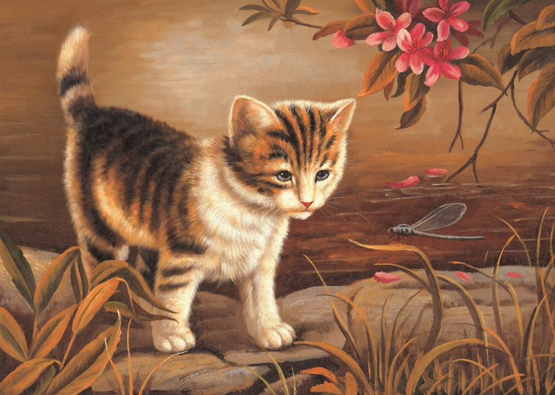 Animals Oil Painting - Tabby Kitten with Blossom and Dragonfly - Oil Painting Haven