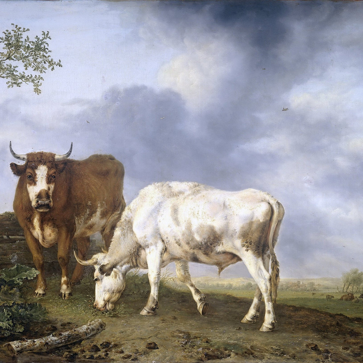 Animals Oil Painting - Two Oxen in Pasture under Cloudy Sky - Oil Painting Haven