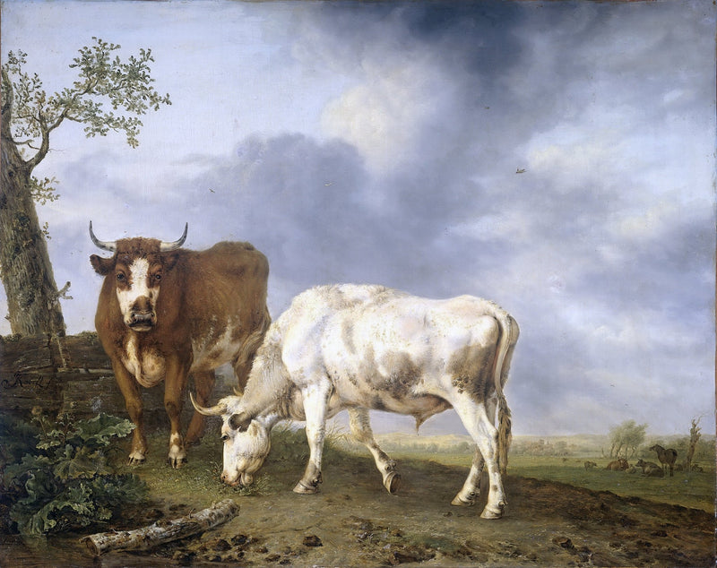 Animals Oil Painting - Two Oxen in Pasture under Cloudy Sky - Oil Painting Haven