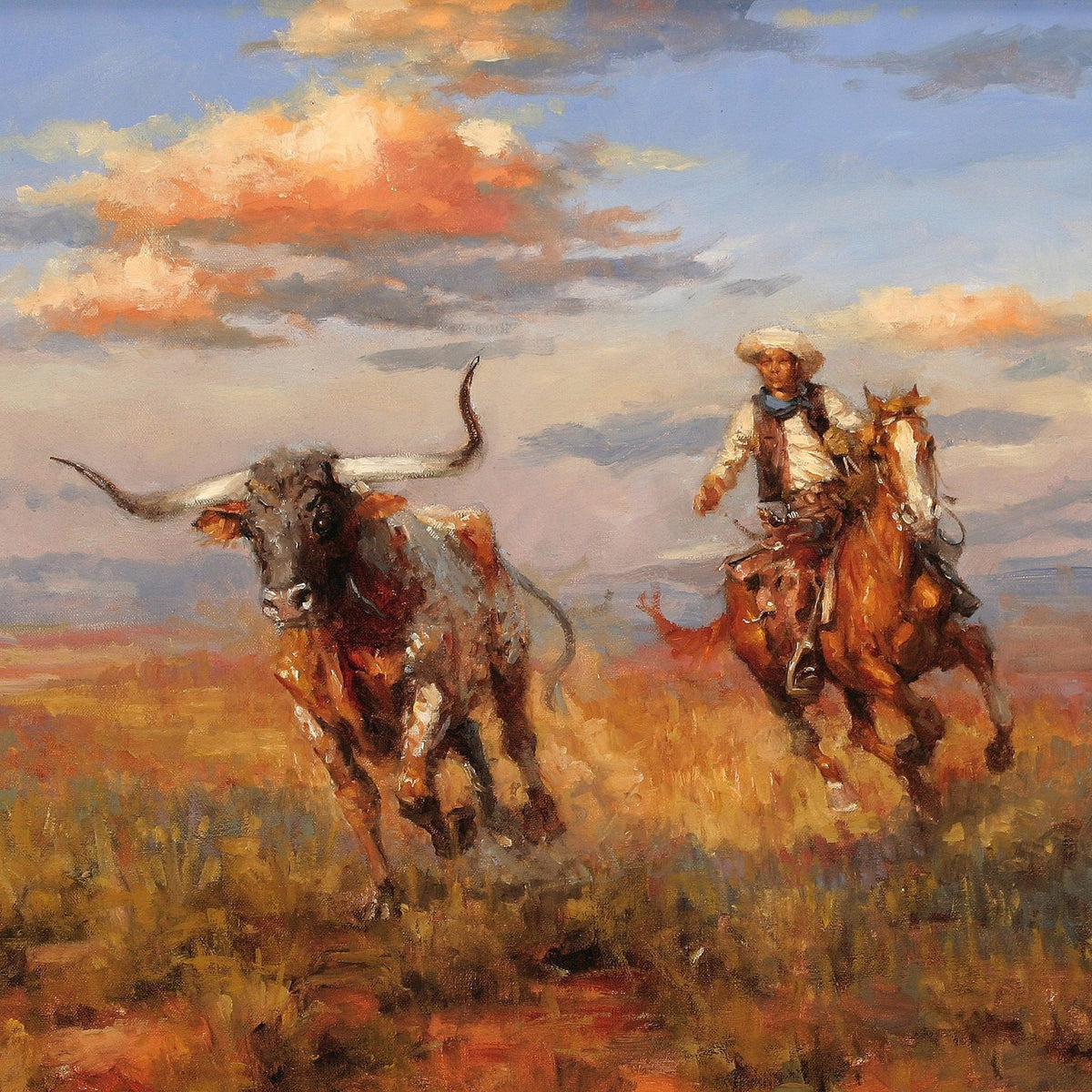 Animals Oil Painting - Western Cowboy Chasing Longhorn Bull - Oil Painting Haven
