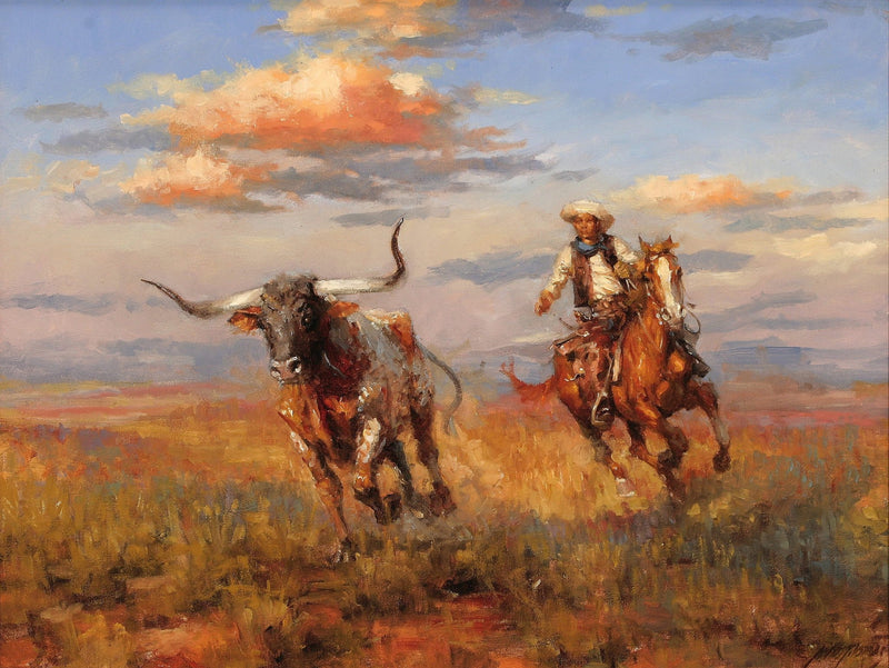 Animals Oil Painting - Western Cowboy Chasing Longhorn Bull - Oil Painting Haven