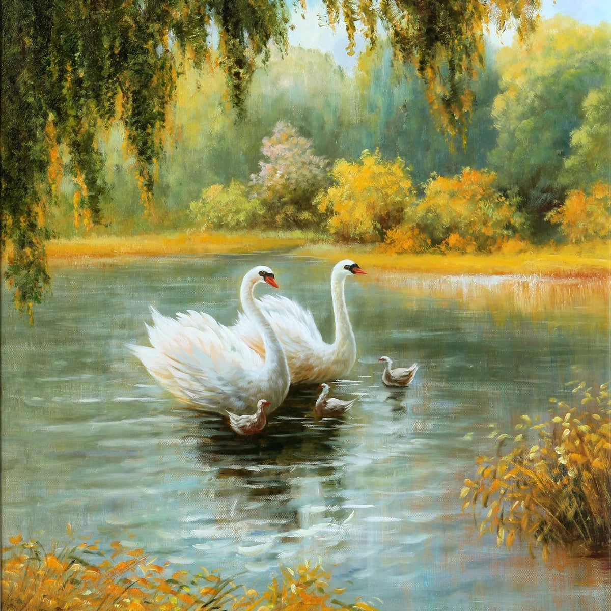 Animals Oil Painting - White Swans with Cygnets on a Quiet Lake - Oil Painting Haven